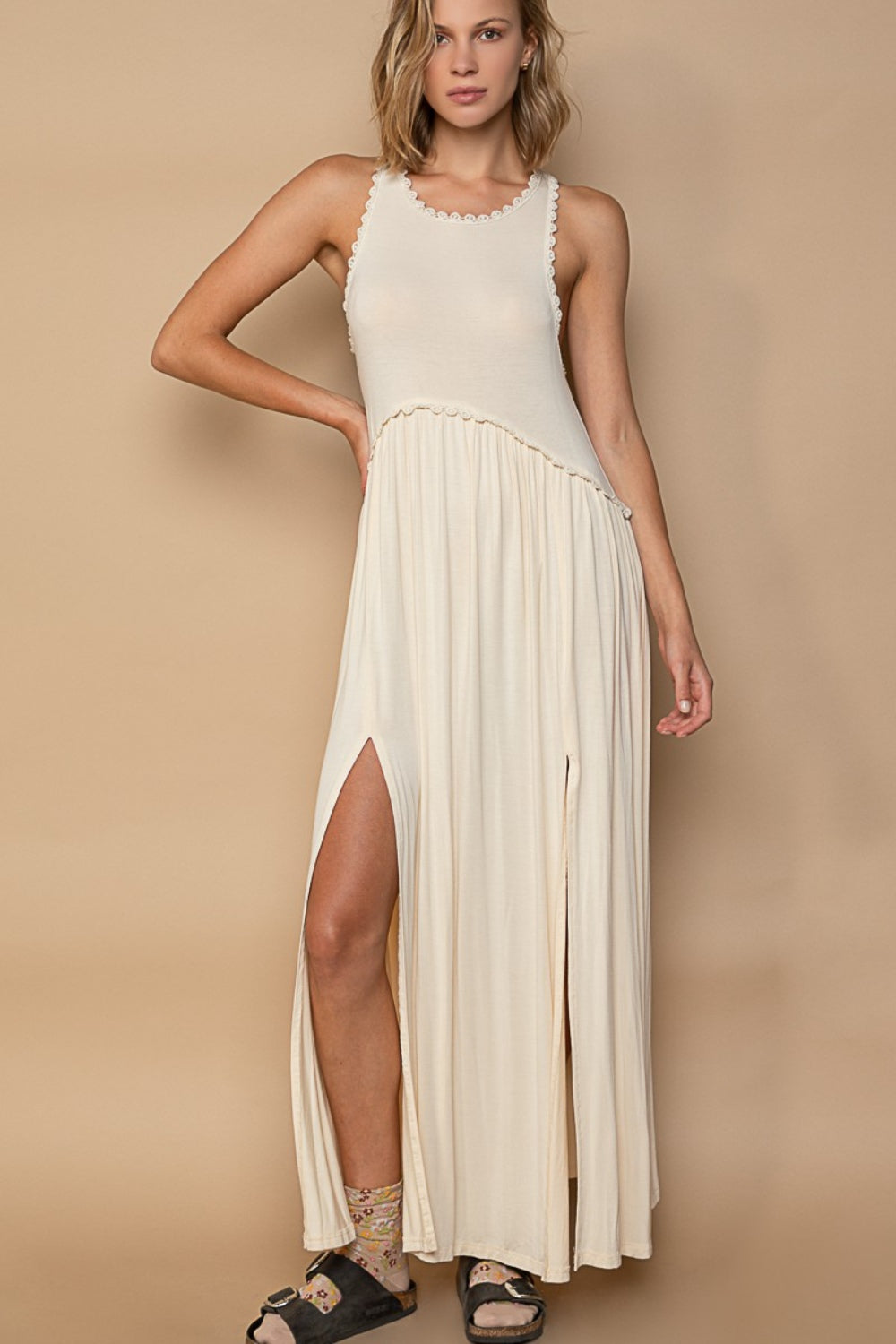 Cream sleeveless dress hotsell