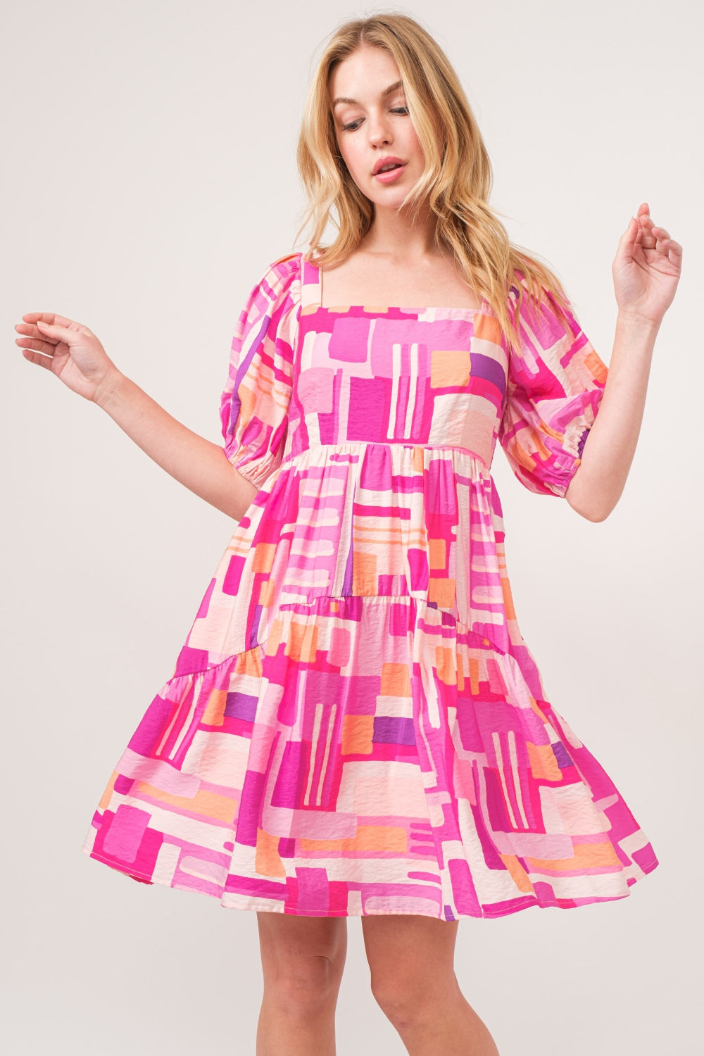 Pink Color Block Puff Sleeve Short Dress