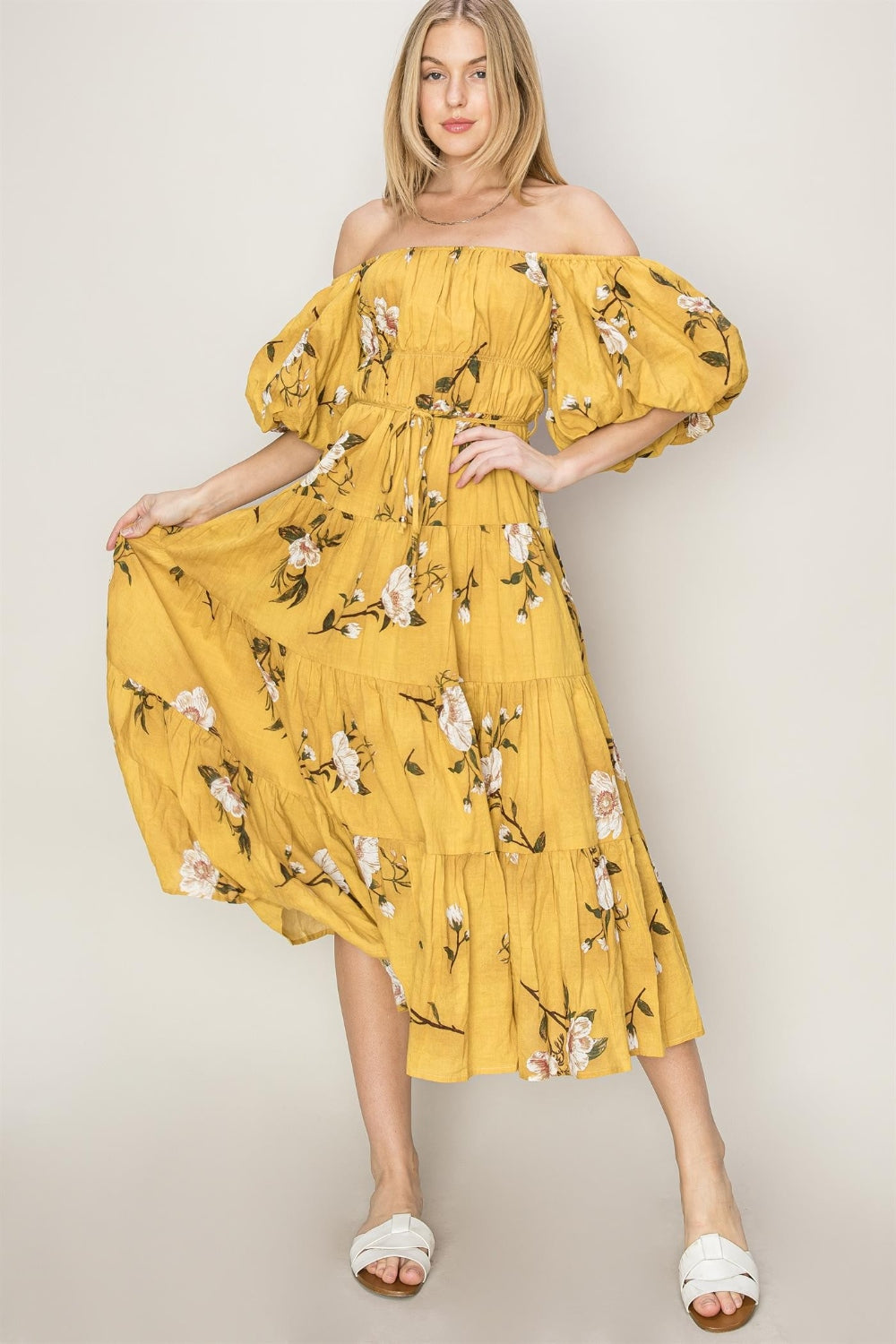 Yellow Floral Puff Sleeve Tiered Maxi Dress