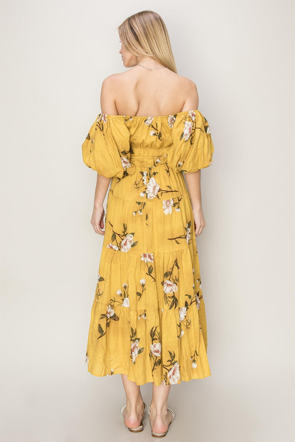 Yellow Floral Puff Sleeve Tiered Maxi Dress