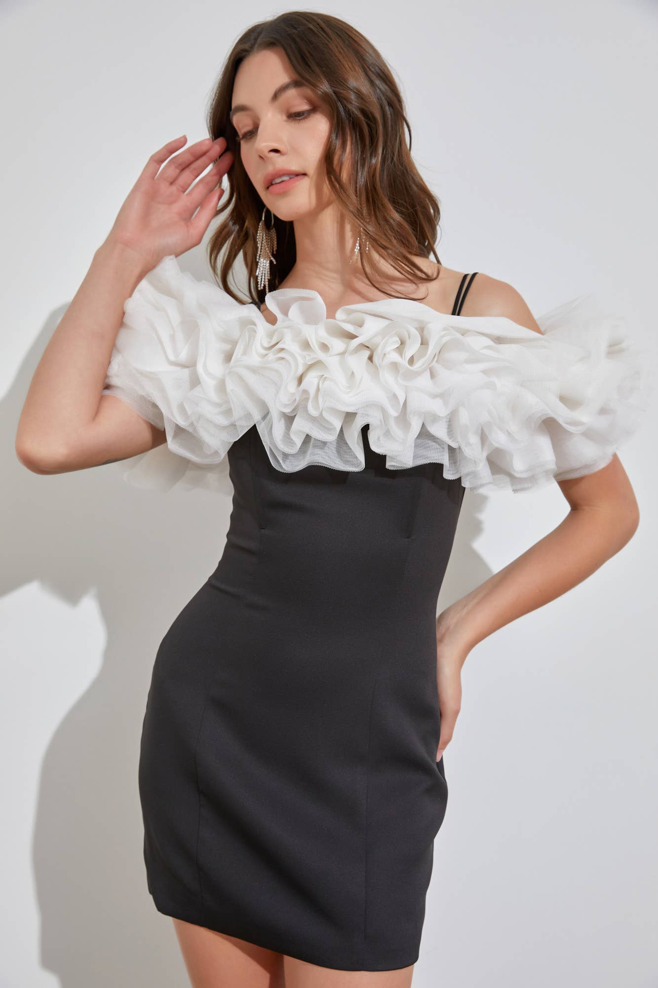 Black and cheap white ruffle dress