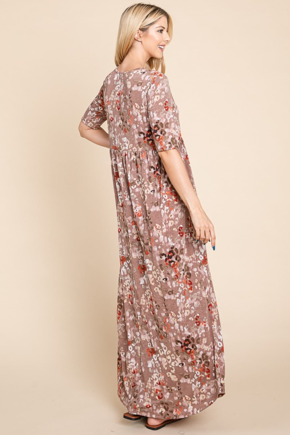 Printed Shirred Maxi Dress Mocha