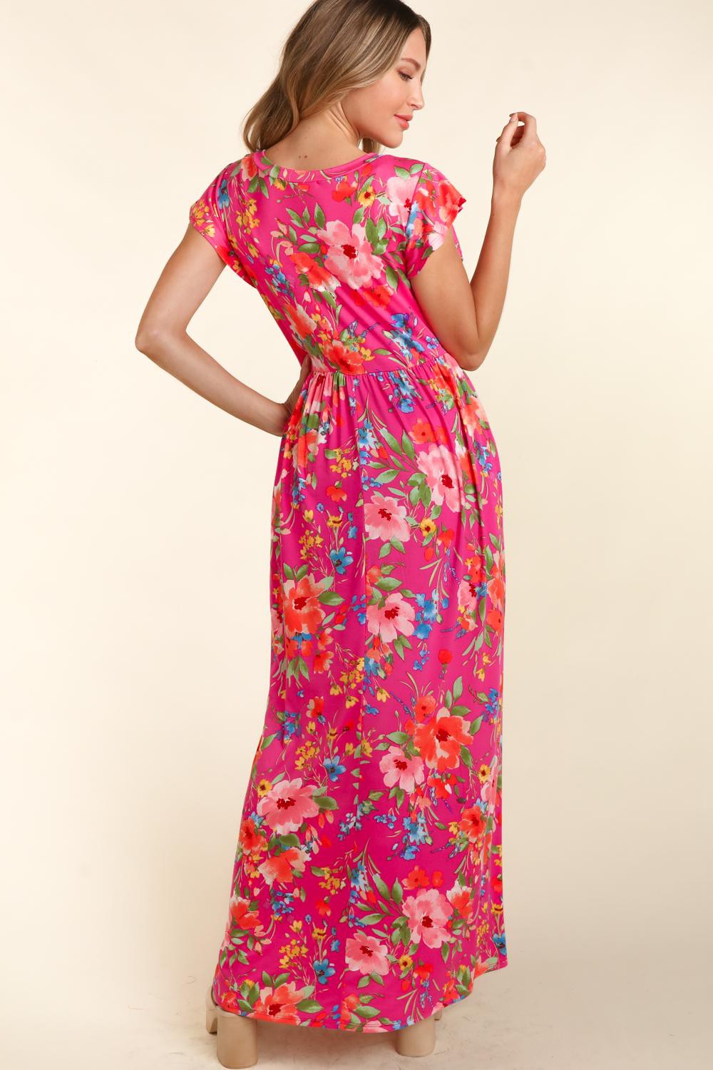 Floral Ruffled Round Neck Cap Sleeve Maxi Dress