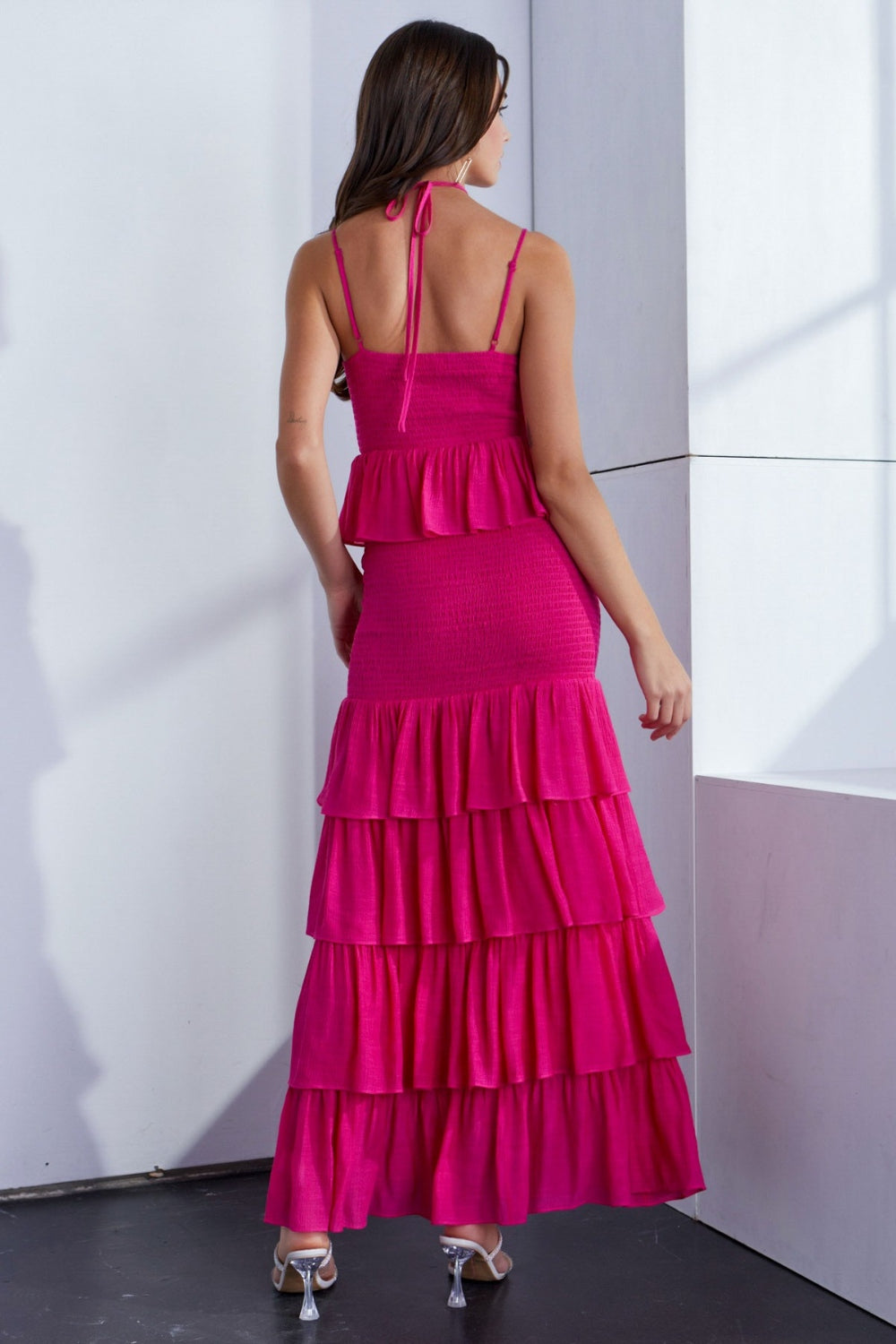 Smocked Ruffled Layered Hem Dress Hot Pink