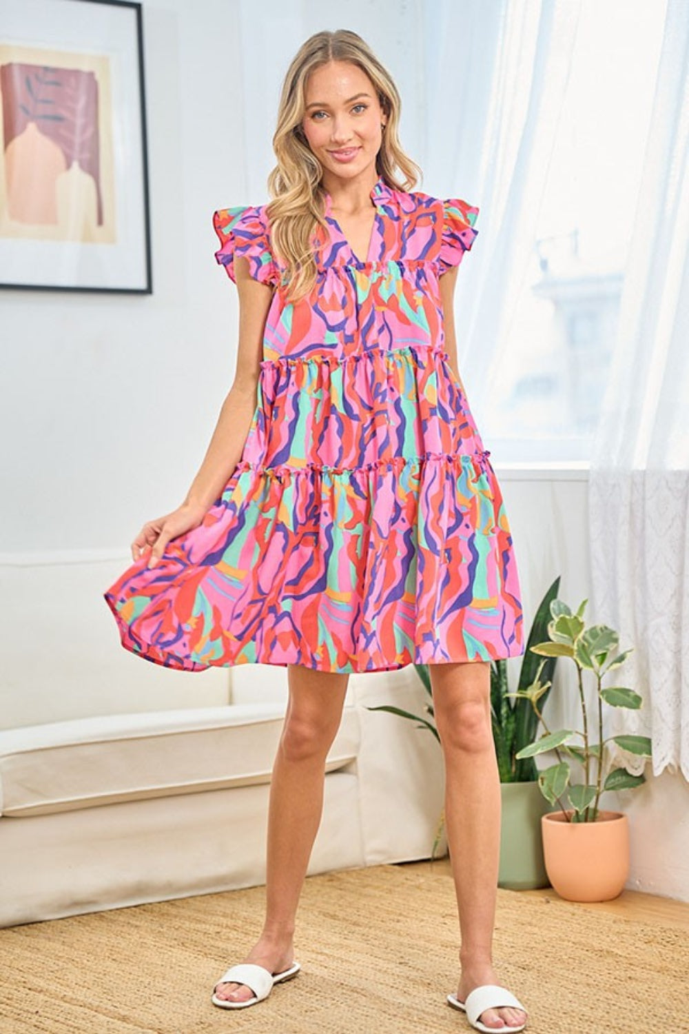 Printed Ruffle Cap Sleeve Tiered Short Dress