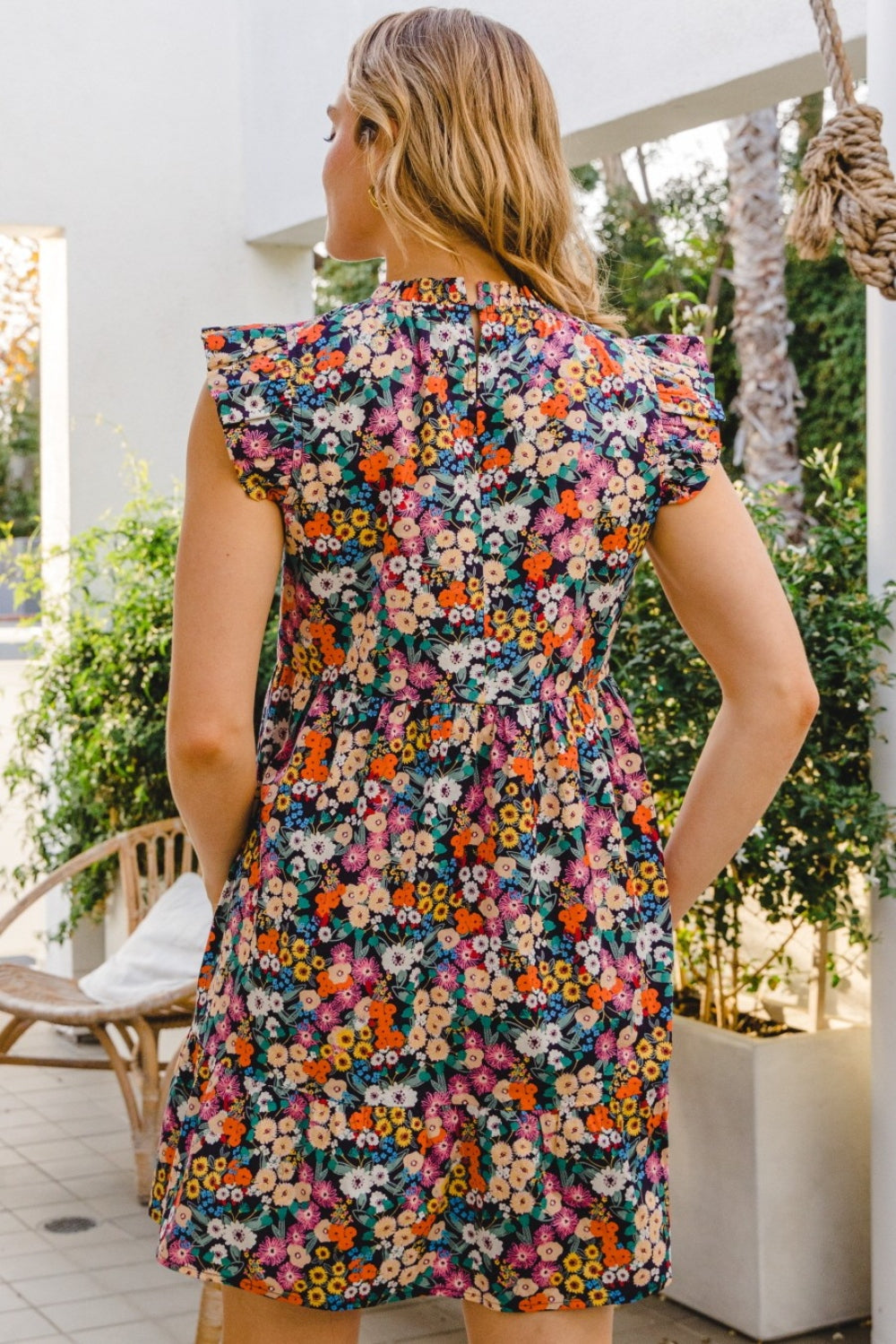 Full Size Navy Floral Ruffled Cap Sleeve Short Dress