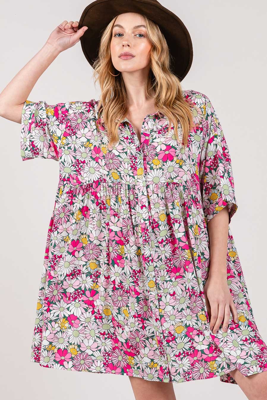 Multi Floral Button Down Shirt Short Dress