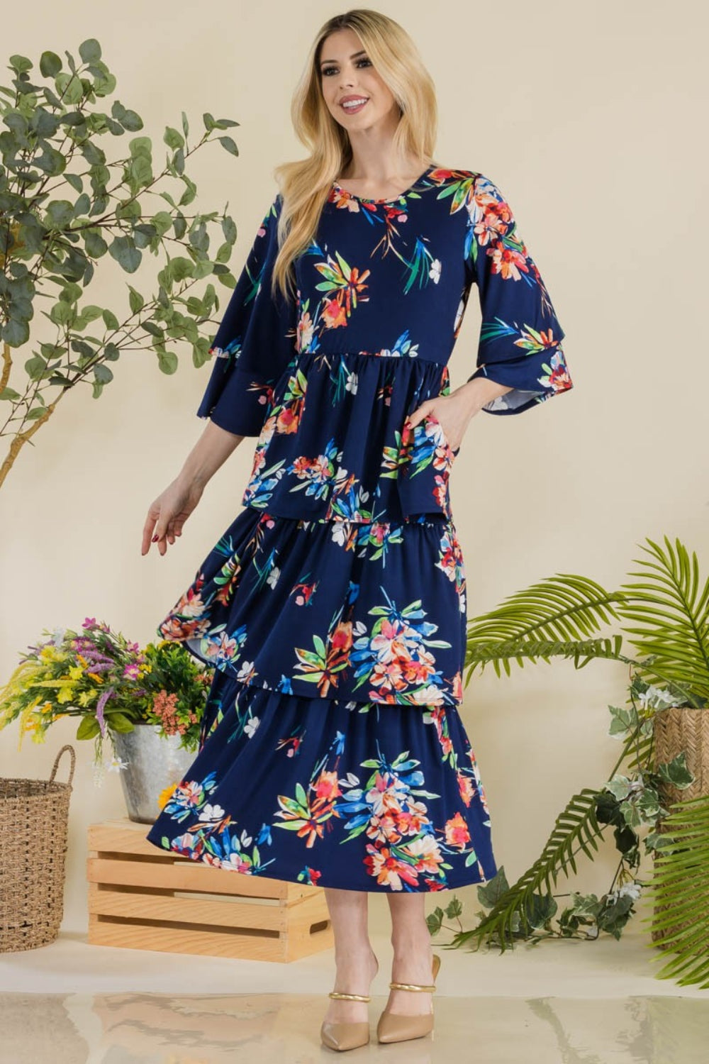 Full Size Floral Ruffle Tiered Midi Dress