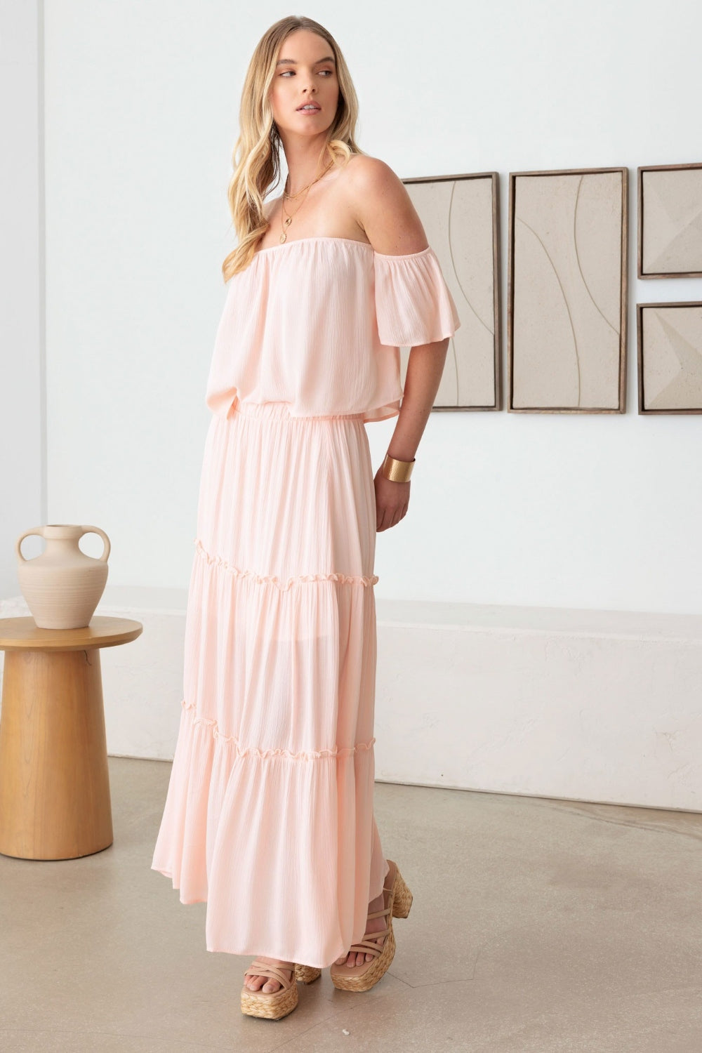 Frill Off-Shoulder Tiered Maxi Dress