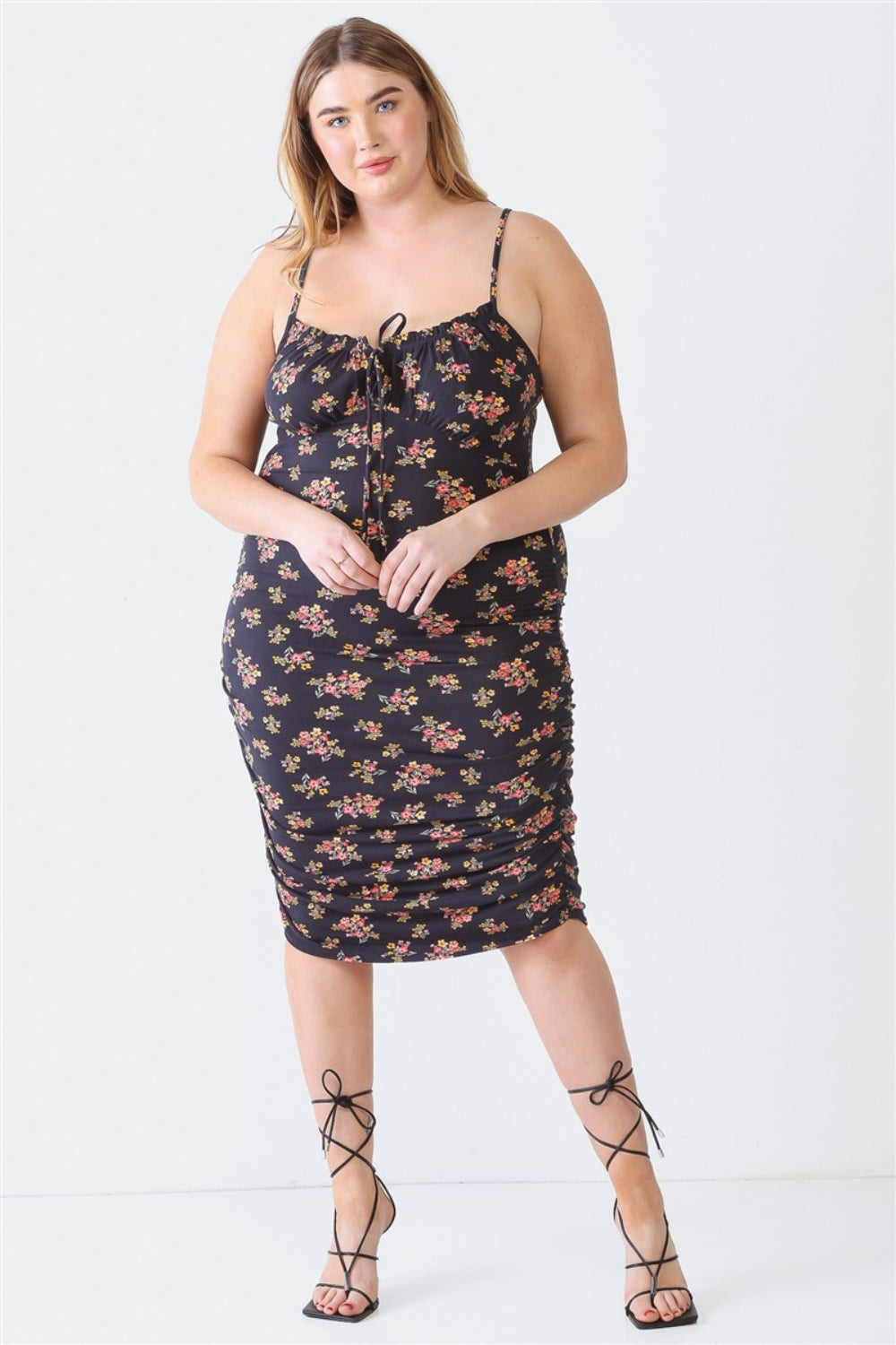 Blue Leopard Plus Size Ruched Floral Square Neck Midi Dress