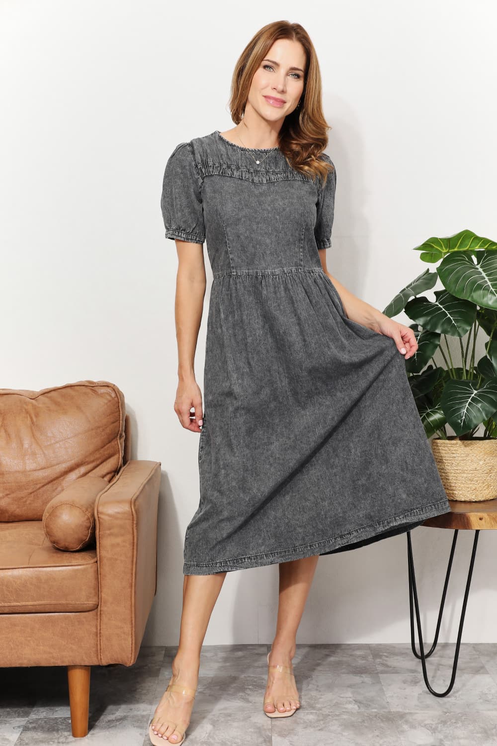 Full Size Washed Chambray Midi Dress