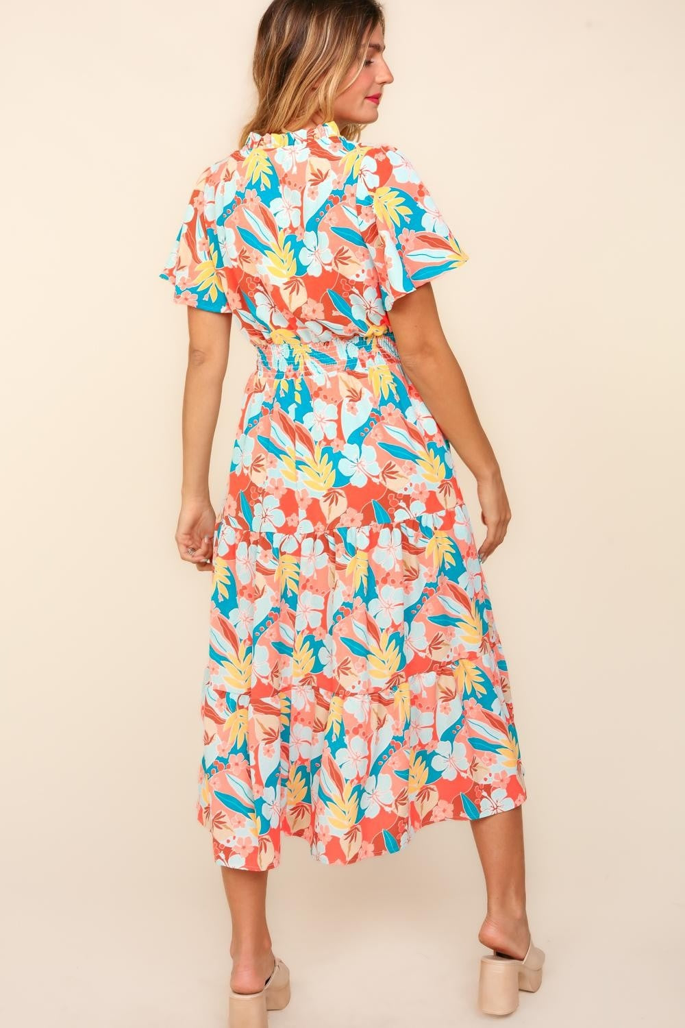 Tropical Floral Tiered Midi Dress with Side Pockets