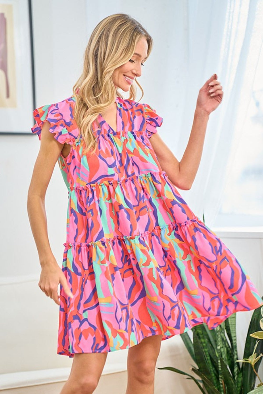 Printed Ruffle Cap Sleeve Tiered Short Dress