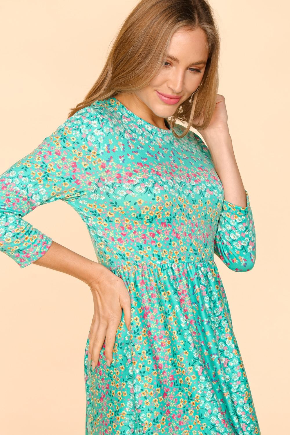 Round Neck Floral Mint Short Dress with Pockets