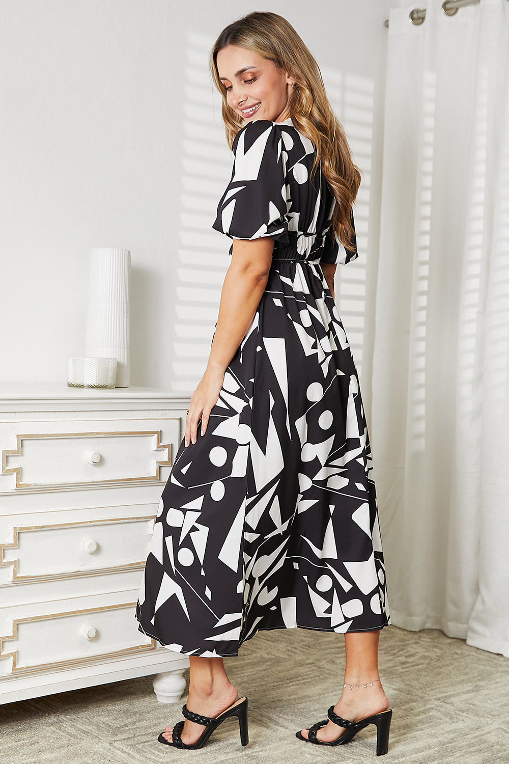 Printed Surplice Balloon Sleeve Maxi Dress