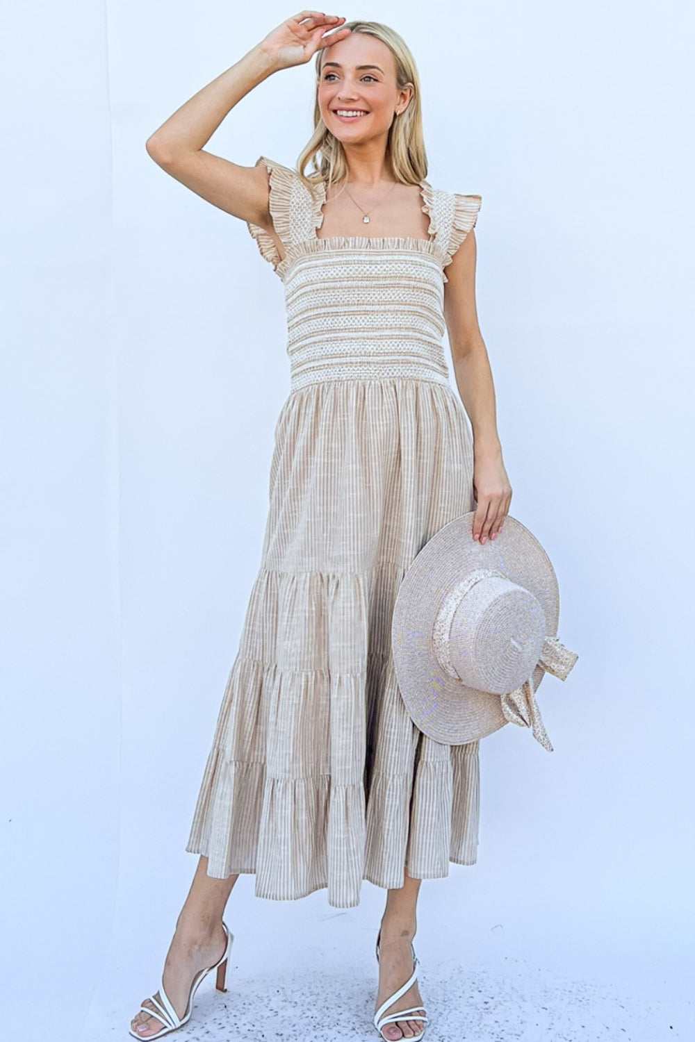 Linen Striped Ruffle Maxi Dress