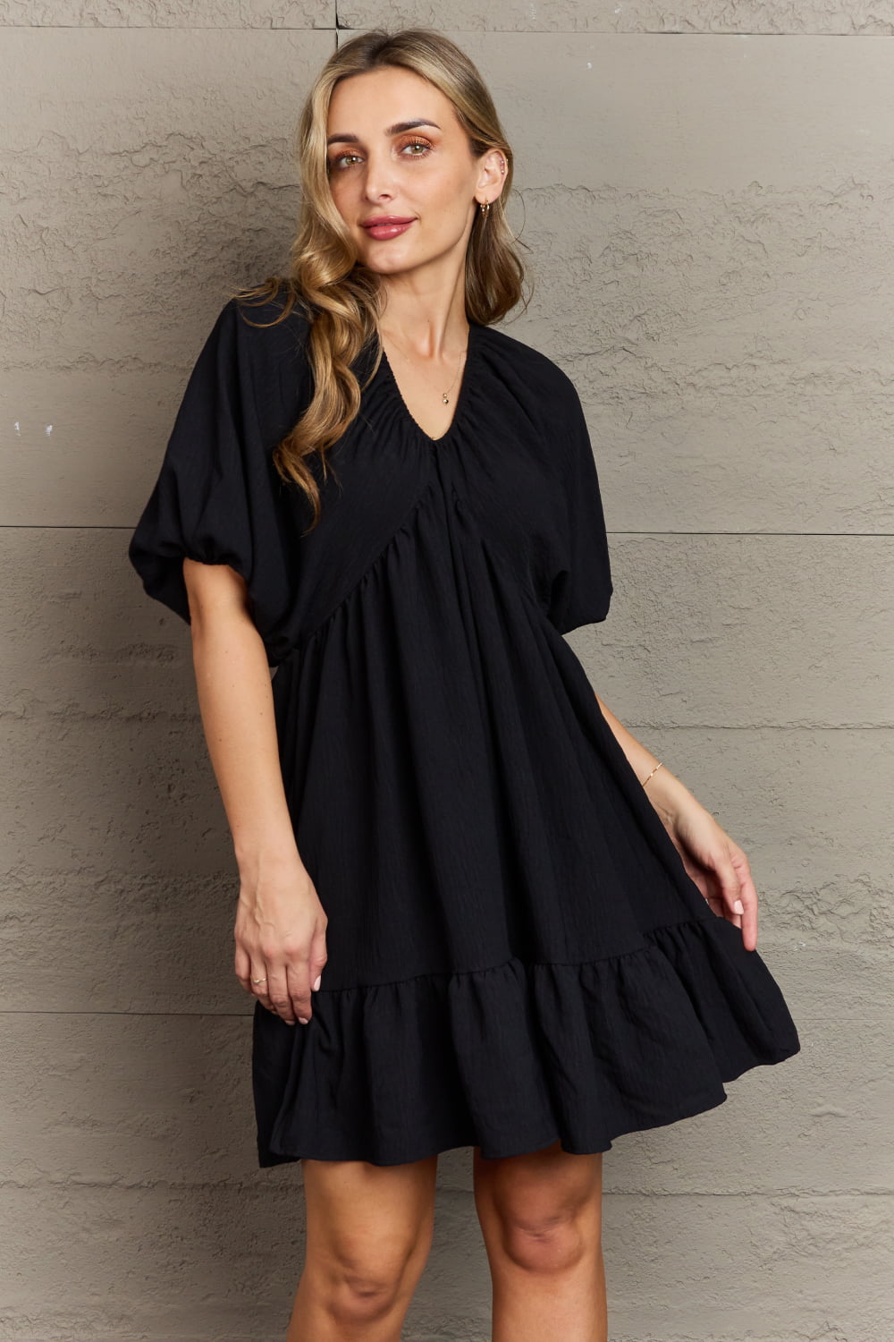 Comfort Cutie Black  V-Neck Puff Sleeve Short Dress