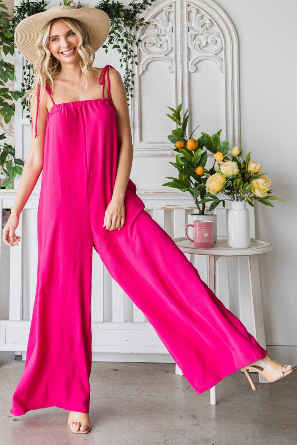 Pocketed Spaghetti Strap Wide Leg Jumpsuit