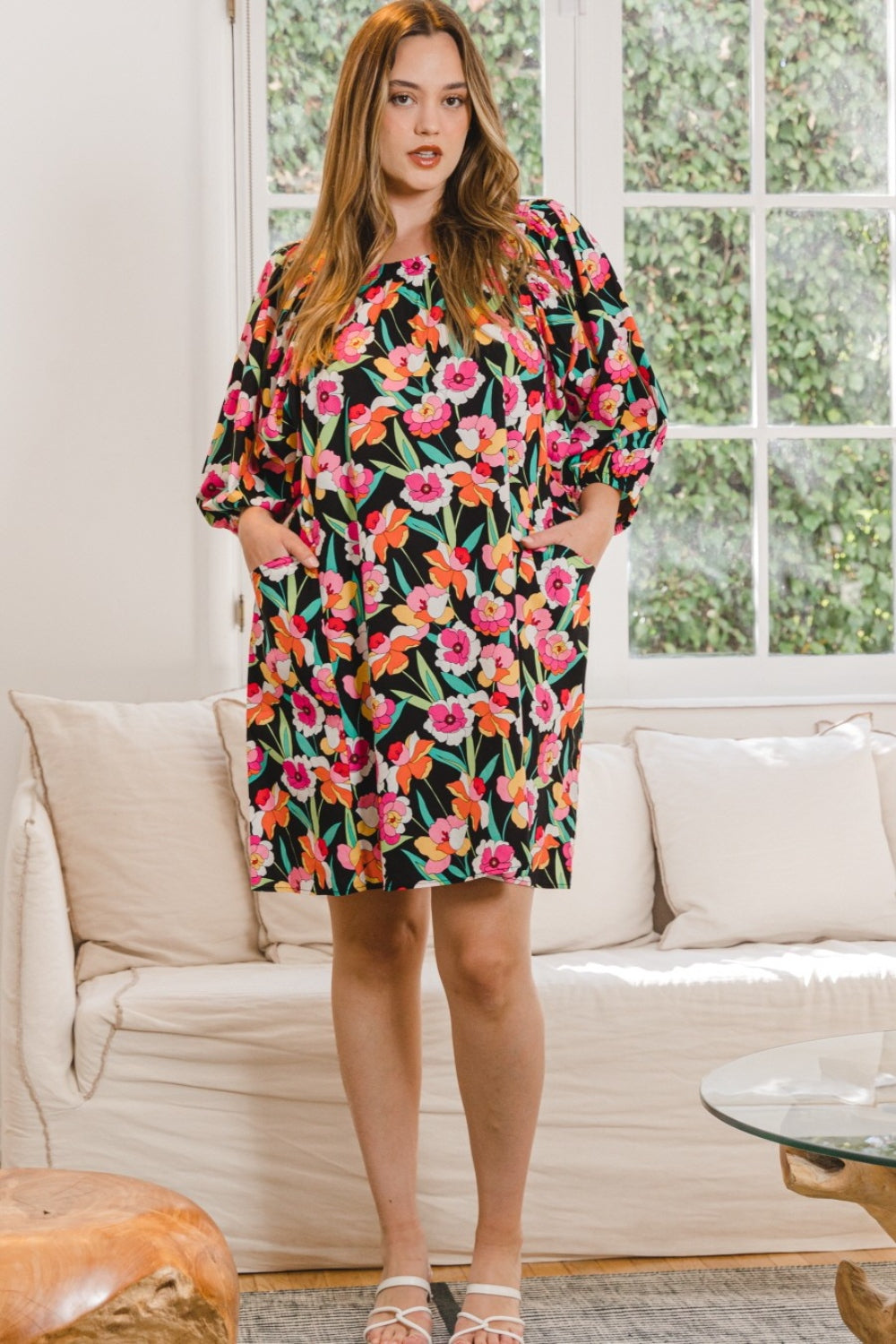 Full Size black Floral Puff Sleeve Shorti Dress