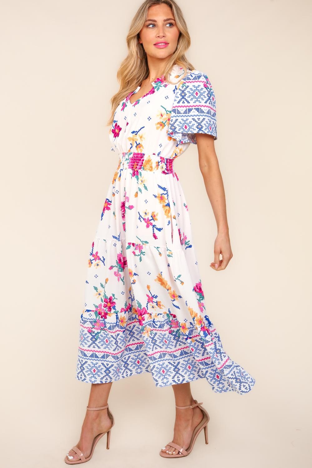 Printed Notched Sleeve Tiered Maxi Dress