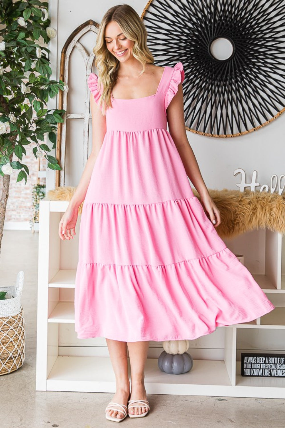 Bubble Pink Ruffled Sleeveless Tiered Midi Dress