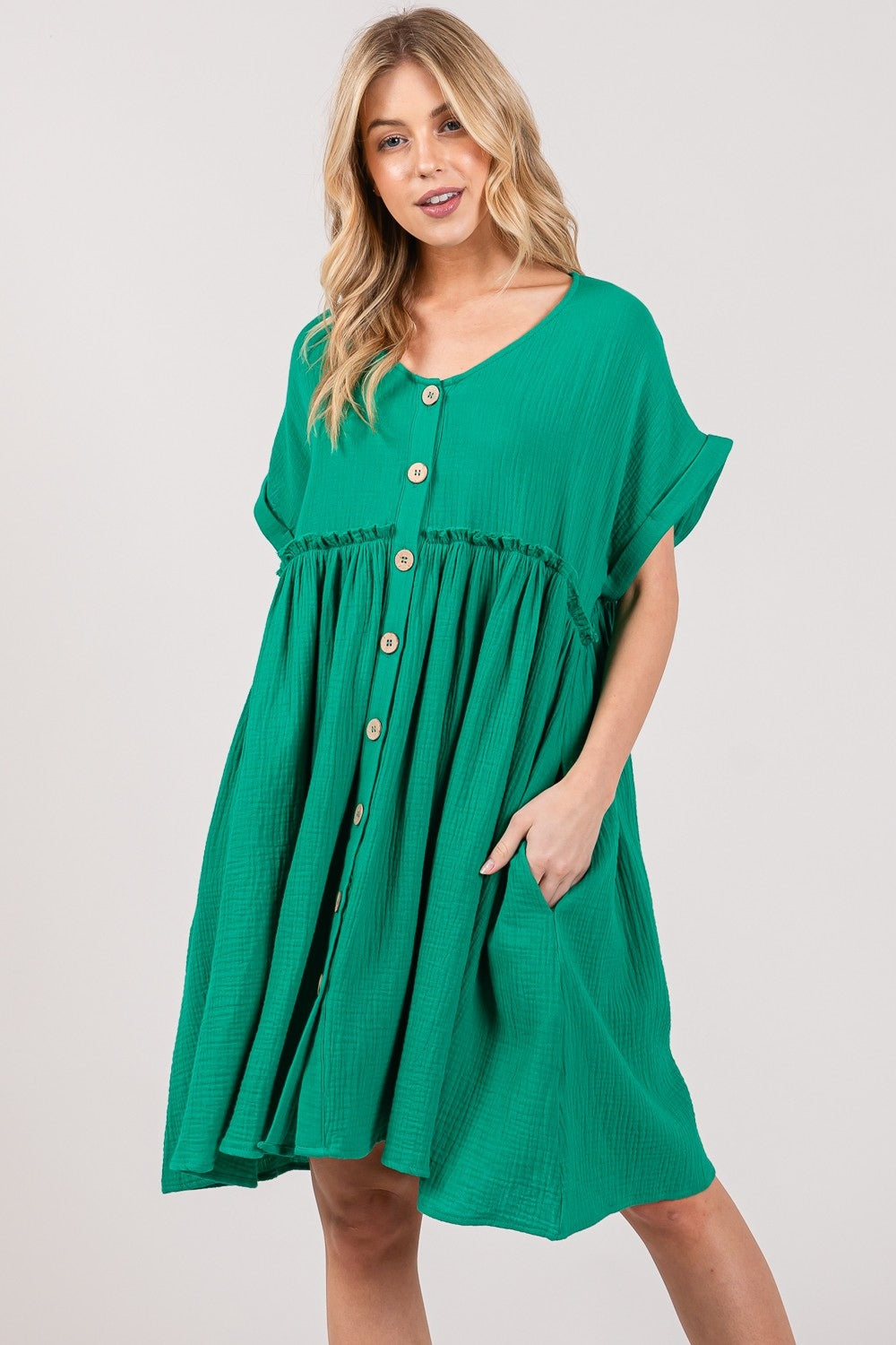 Kelly Green Button Up Short Sleeve Short Dress