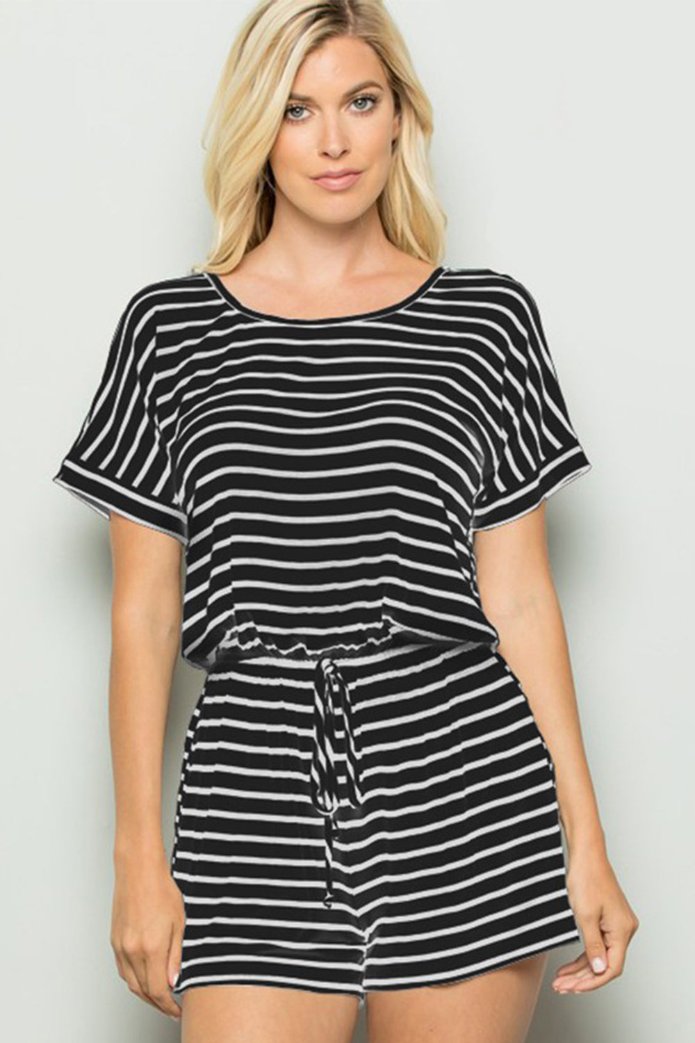 Full Size Striped Round Neck Short Sleeve Romper