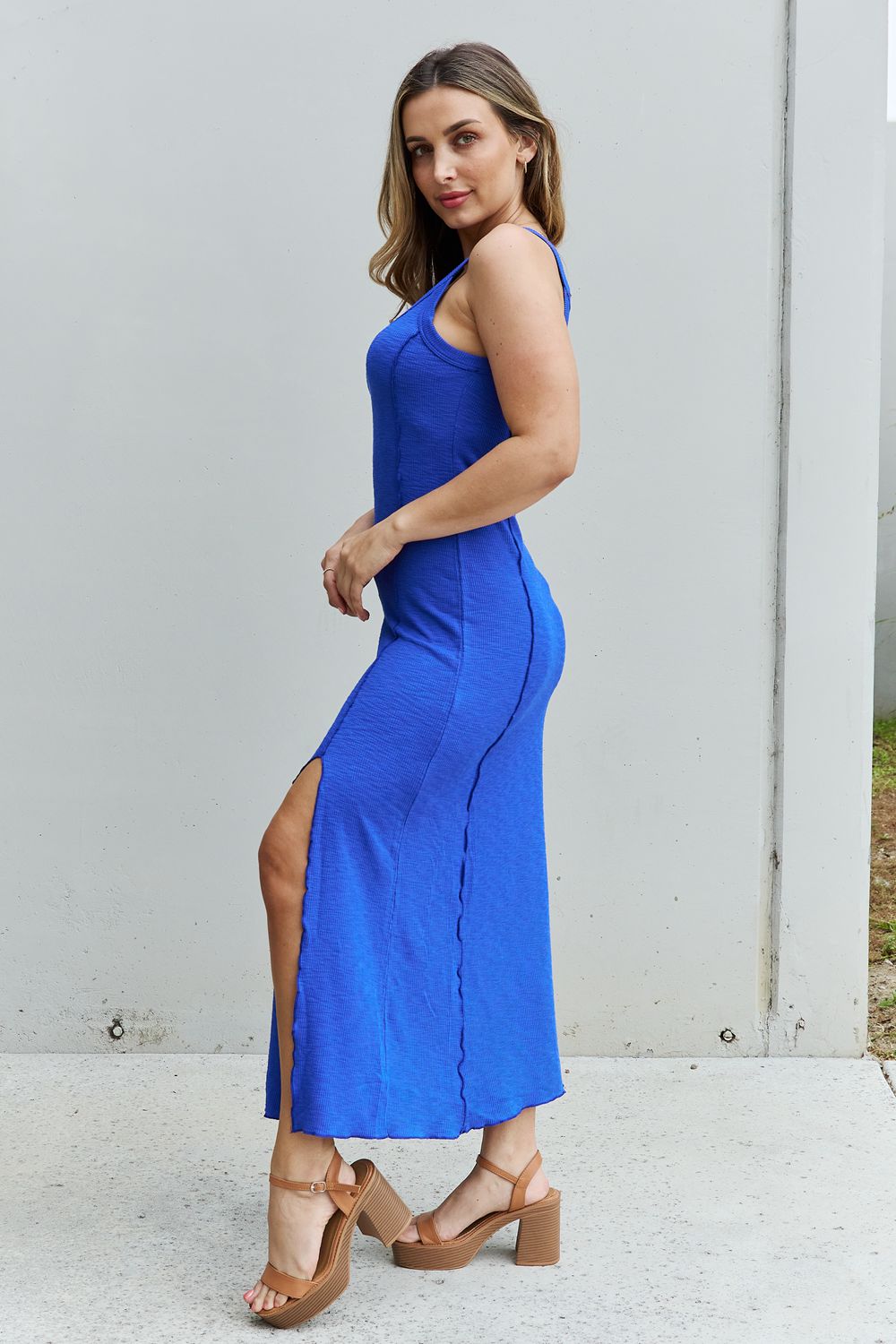 Notch Neck Maxi Dress with Slit in Cobalt Blue