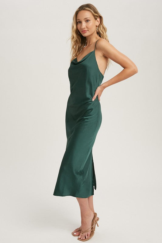 Satin Cowl Neck Midi Slip Dress