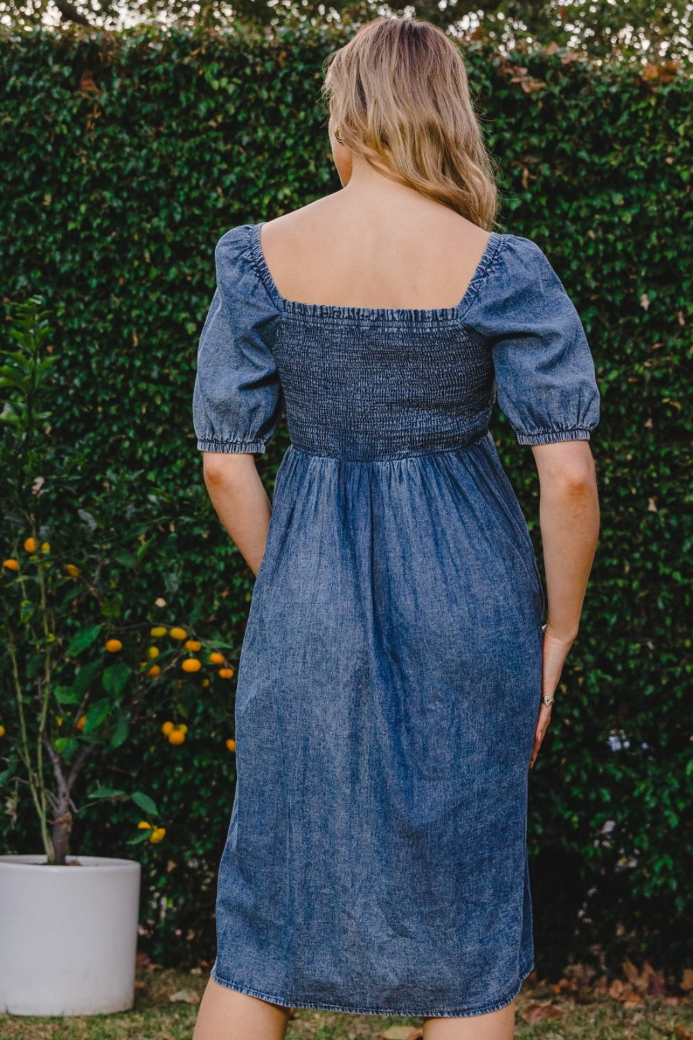 Denim Washed Smocked Puff Sleeve Midi Dress