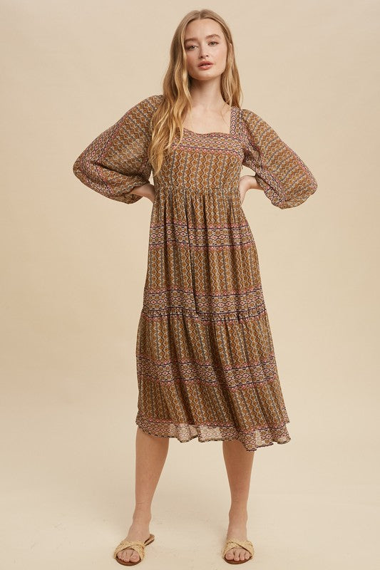 Boho Print Tiered Square Neck Midi Dress