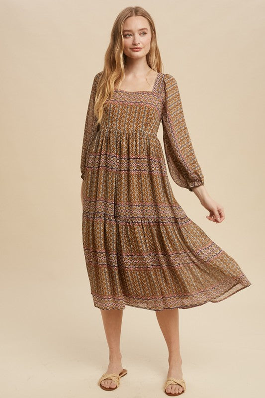 Boho Print Tiered Square Neck Midi Dress