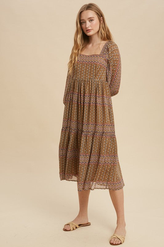 Boho Print Tiered Square Neck Midi Dress