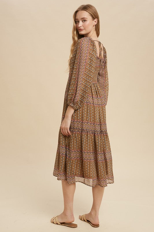 Boho Print Tiered Square Neck Midi Dress