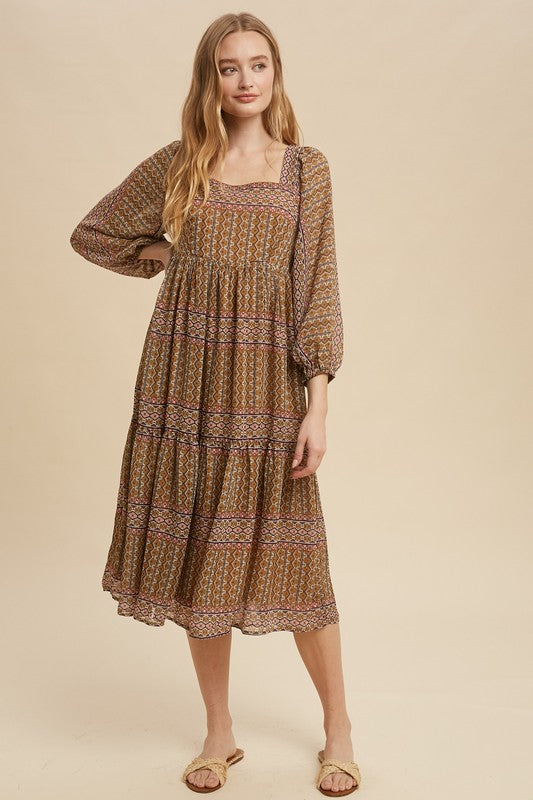 Boho Print Tiered Square Neck Midi Dress