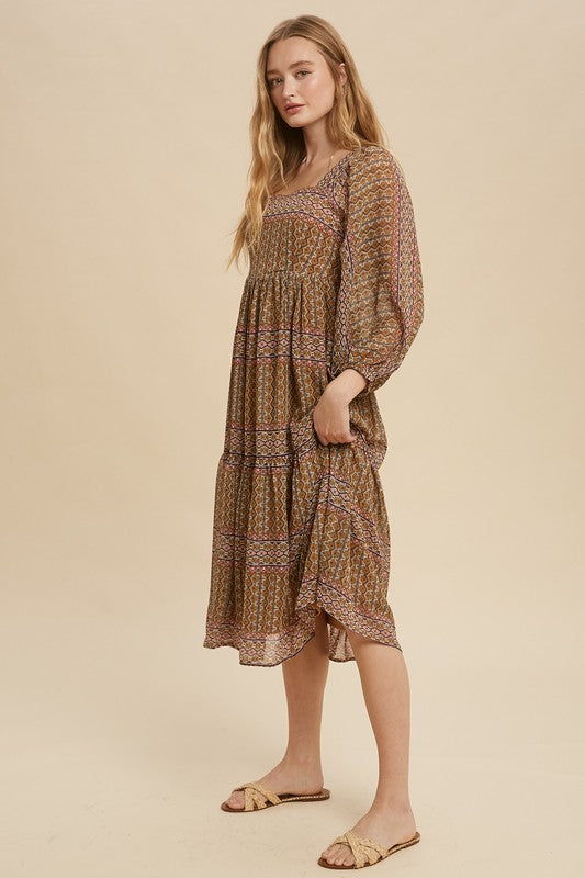 Boho Print Tiered Square Neck Midi Dress