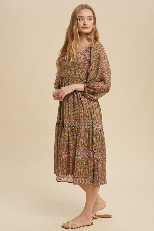 Boho Print Tiered Square Neck Midi Dress