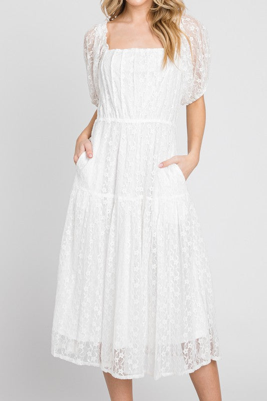 Lace Tiered Dress with Puff Sleeves