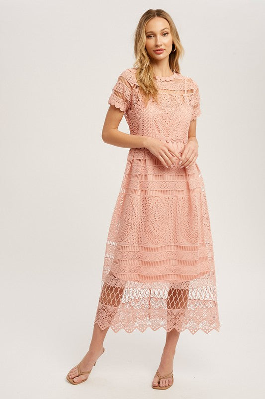 Crochet Dress Hight Neck Short Sleeves, Wedding Guest Dress