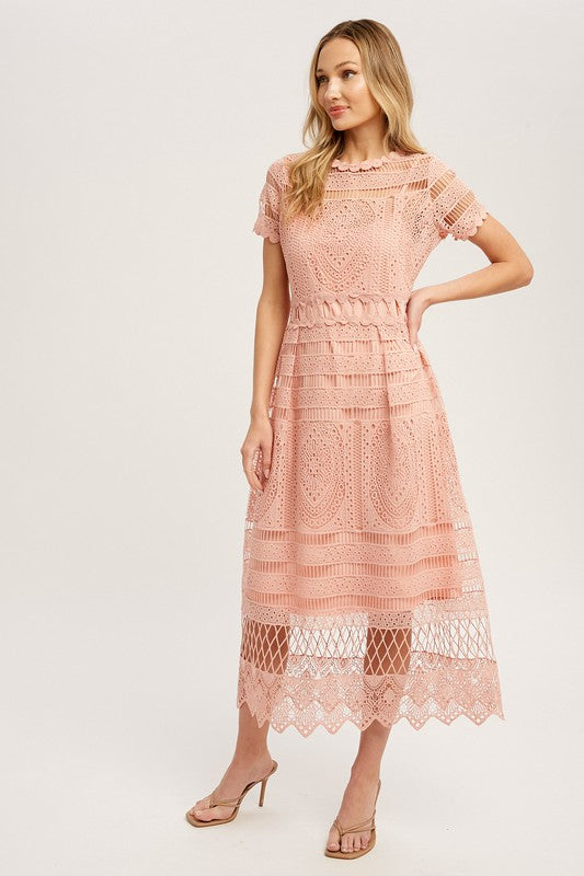 Crochet Dress Hight Neck Short Sleeves, Wedding Guest Dress