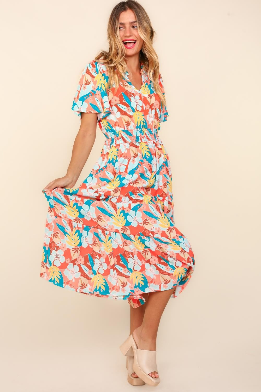 Tropical Floral Tiered Midi Dress with Side Pockets