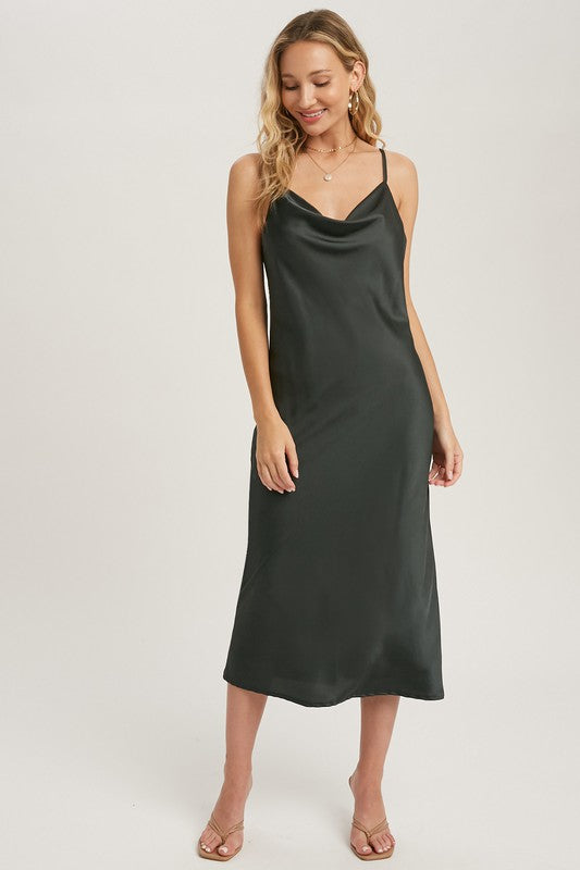 Satin Cowl Neck Midi Slip Dress