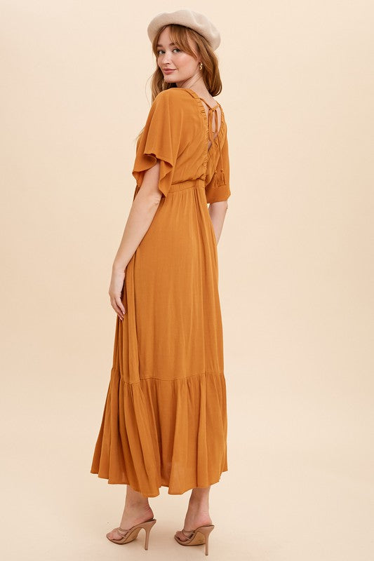 V Neck Flutter Sleeve Maxi  Features Back Tassel Tie