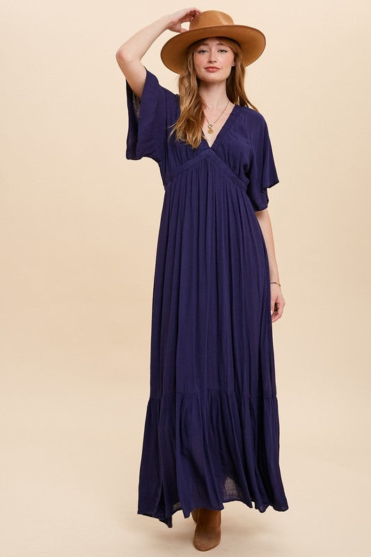 V Neck Flutter Sleeve Maxi  Features Back Tassel Tie