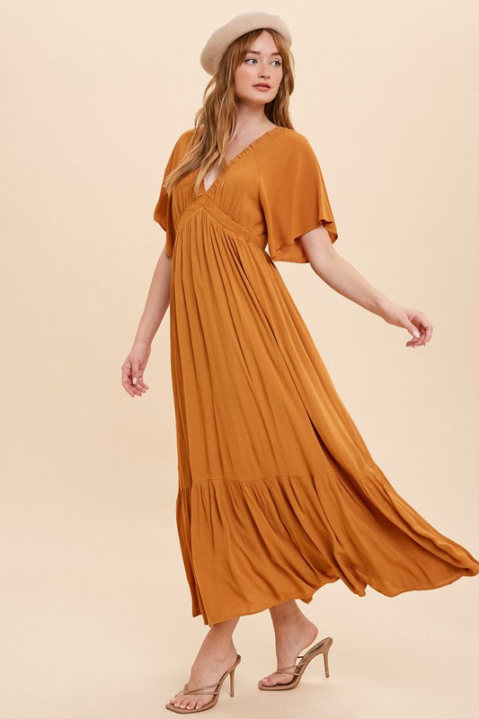 V Neck Flutter Sleeve Maxi  Features Back Tassel Tie