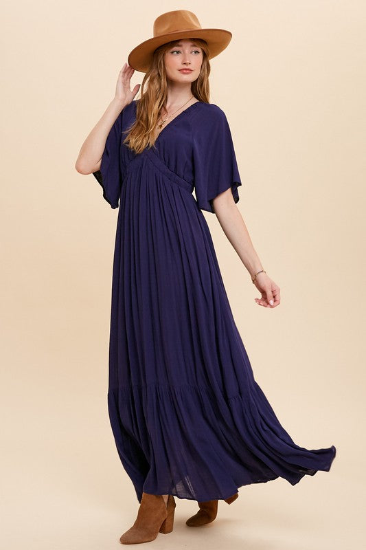 V Neck Flutter Sleeve Maxi  Features Back Tassel Tie