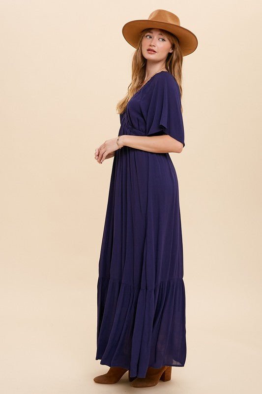 V Neck Flutter Sleeve Maxi  Features Back Tassel Tie