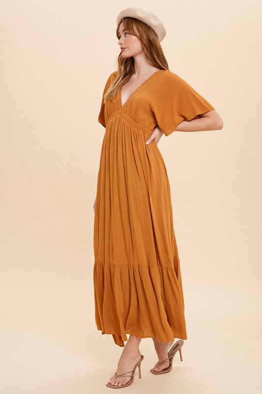 V Neck Flutter Sleeve Maxi  Features Back Tassel Tie