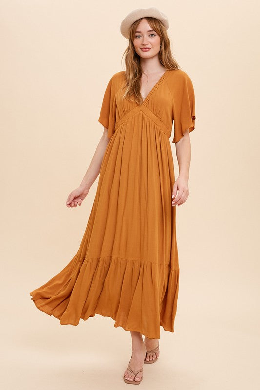 V Neck Flutter Sleeve Maxi  Features Back Tassel Tie