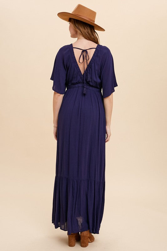 V Neck Flutter Sleeve Maxi  Features Back Tassel Tie